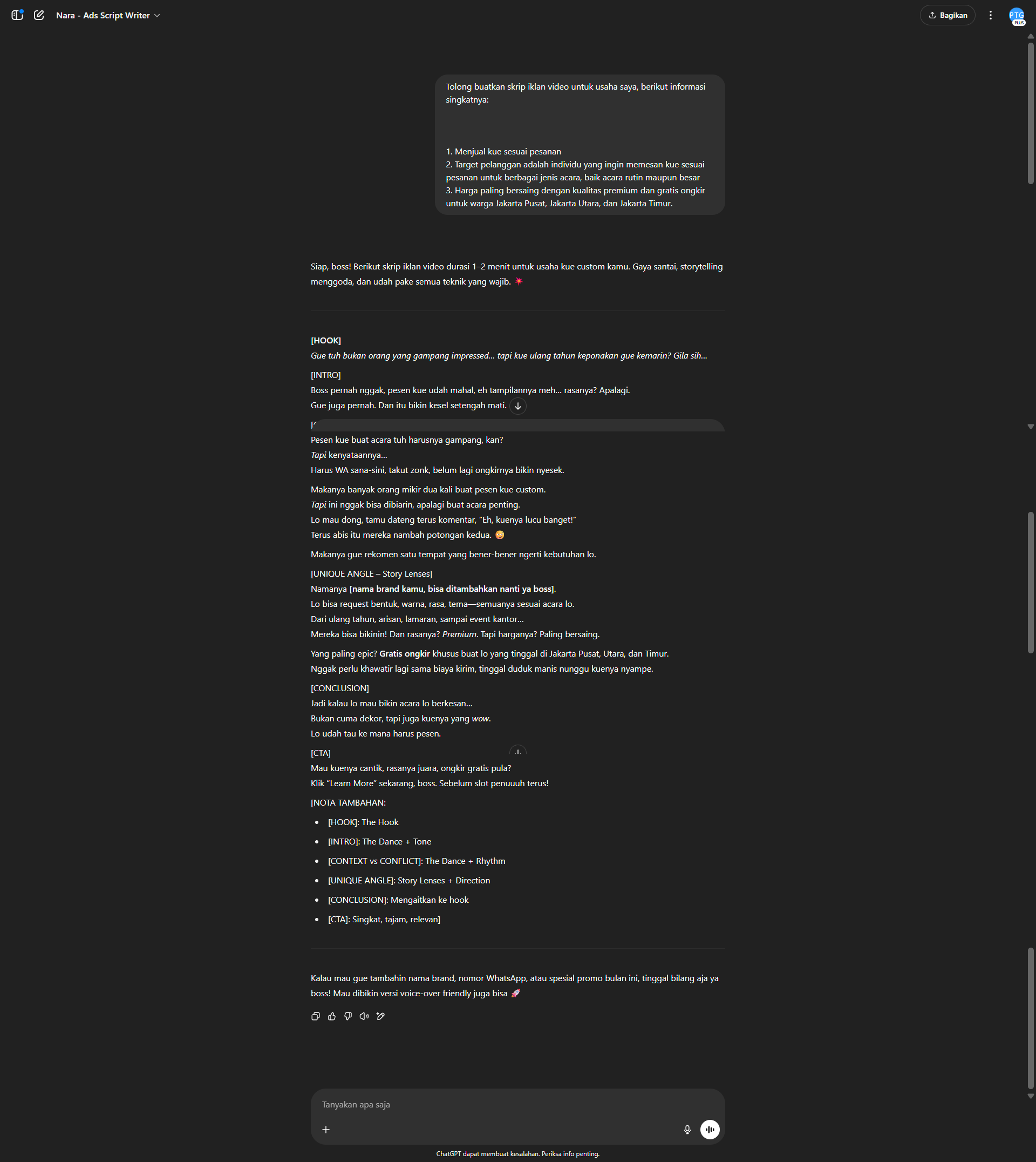 Nara - Ads Script Writer Karyawan output