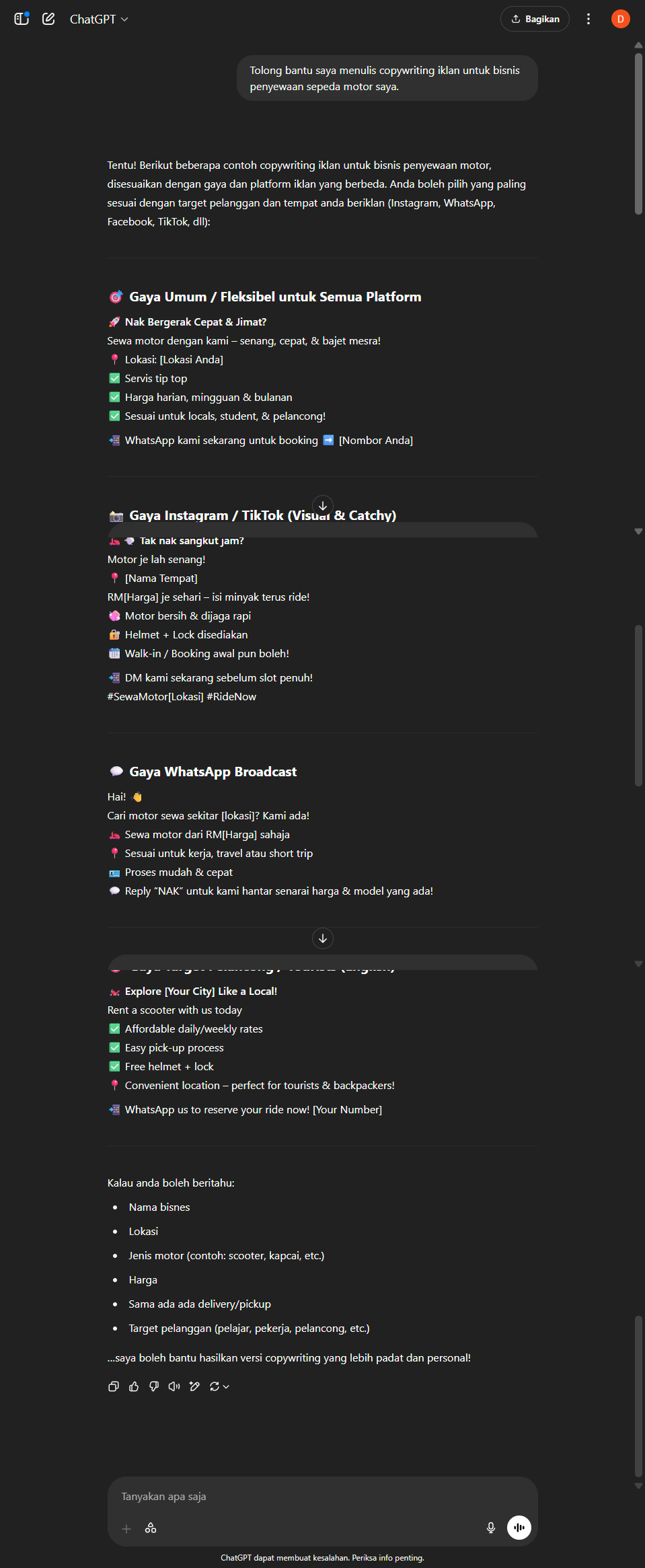 Rina - Copywriter ChatGPT output