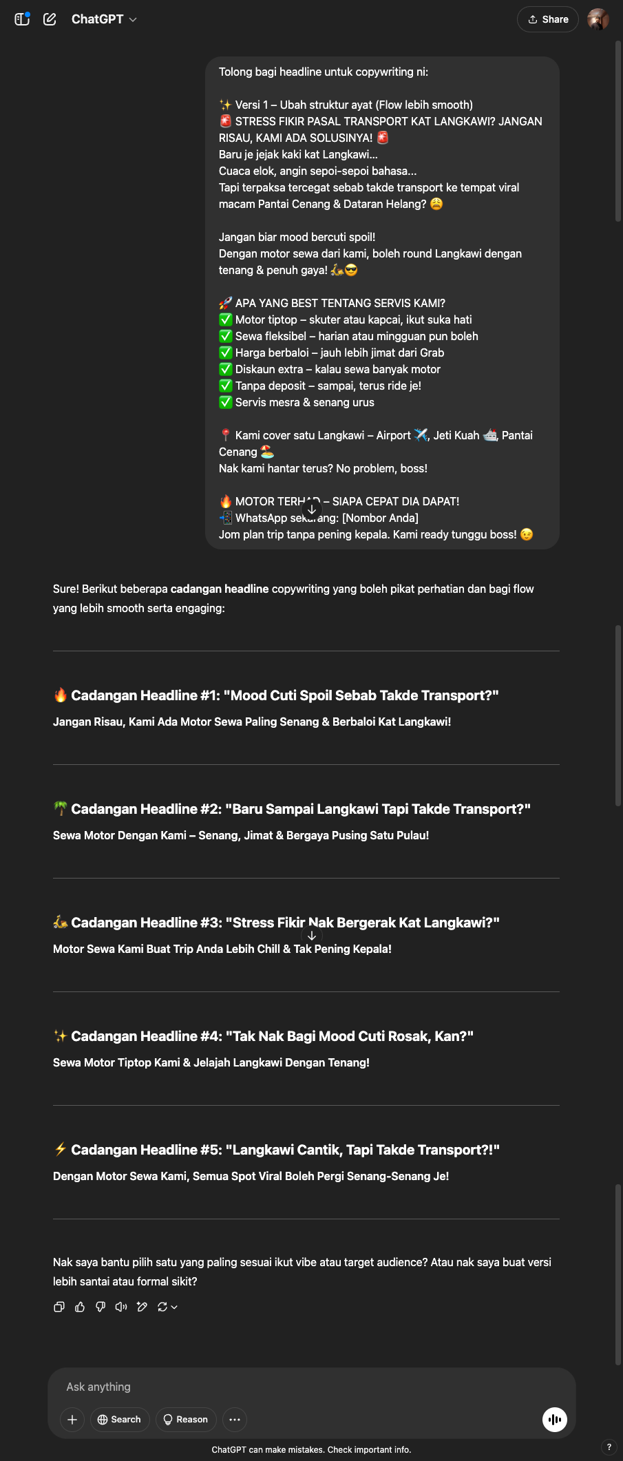 Alia - Headline Brainstormer ChatGPT output