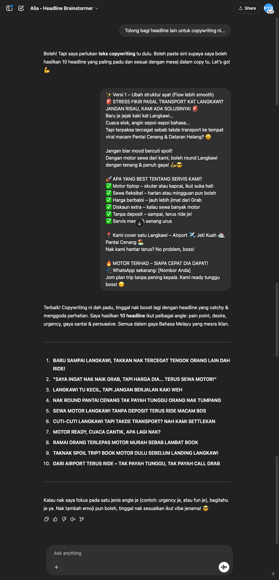 Alia - Headline Brainstormer Pekerja output
