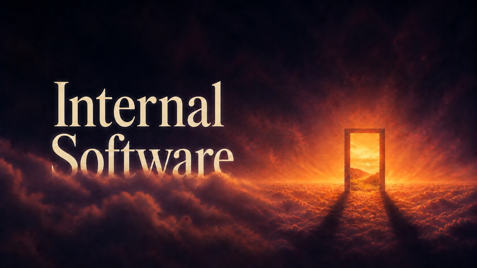 Poster Build Internal Software dengan pintu bercahaya di atas awan