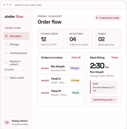 Screenshot mockup Fitting-to-Finish Tracker untuk butik jahitan