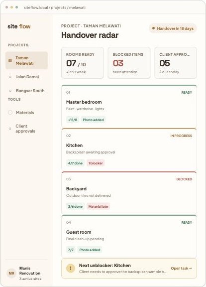 Screenshot mockup Site Handover Radar untuk kontraktor renovasi