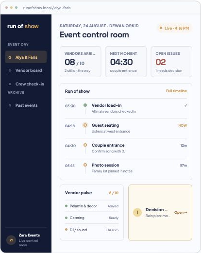 Screenshot mockup Event Control Room untuk event planner