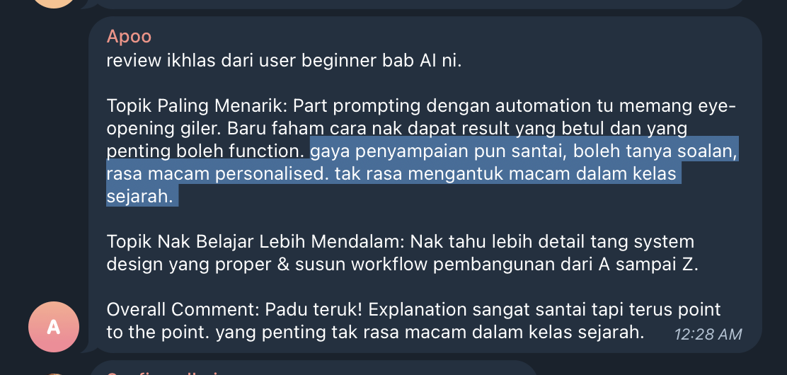 Review Apoo tentang prompting dengan automation dan penyampaian kelas yang santai serta terus kepada isi penting
