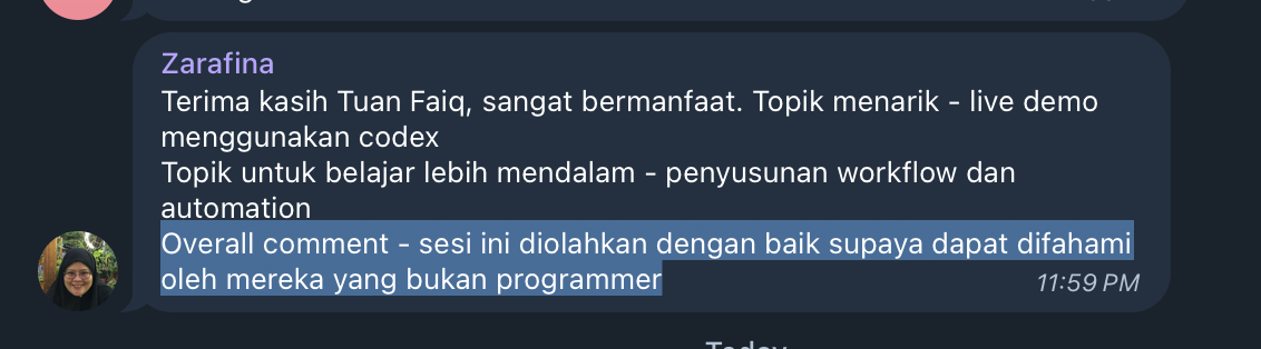 Review Zarafina tentang live demo Codex, workflow dan automation yang mudah difahami oleh bukan programmer